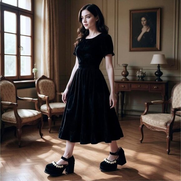 Sugar Thrillz Rose Platform Mary Janes – Black Velvet w/ Appliqué Roses Chunky 9 - Picture 6 of 6